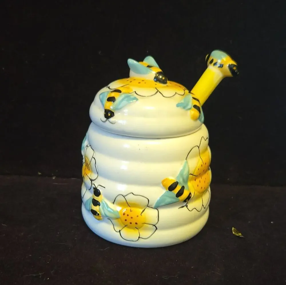 Ceramic Bee Floral Honey Pot & Dispenser w/ Lid Dipper Round 5.5